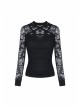 Front Chest Star-Shaped Bandage Lace Mesh Long Sleeve Black Punk Tight T-Shirt