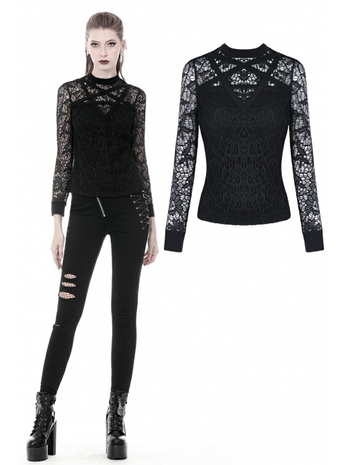 Front Chest Star-Shaped Bandage Lace Mesh Long Sleeve Black Punk Tight T-Shirt