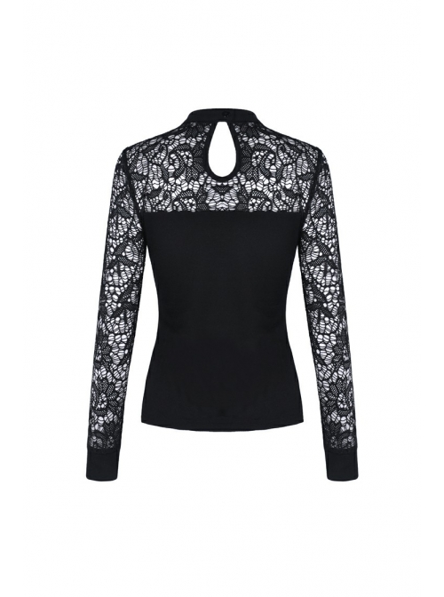 Front Chest Star-Shaped Bandage Lace Mesh Long Sleeve Black Punk Tight T-Shirt