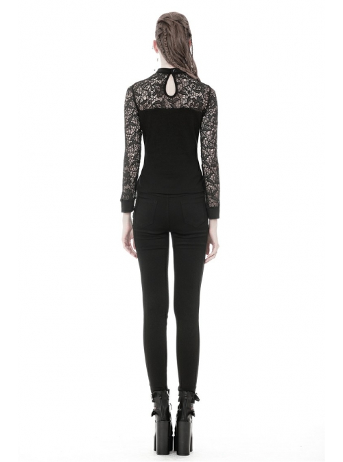 Front Chest Star-Shaped Bandage Lace Mesh Long Sleeve Black Punk Tight T-Shirt