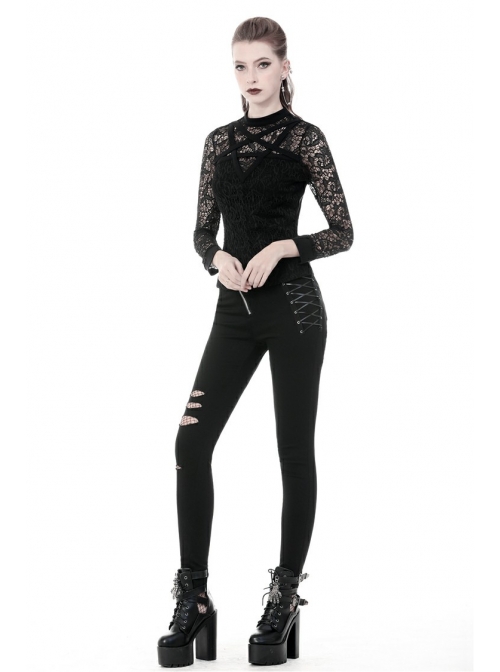 Front Chest Star-Shaped Bandage Lace Mesh Long Sleeve Black Punk Tight T-Shirt
