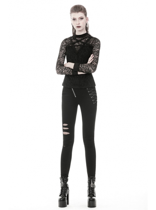 Front Chest Star-Shaped Bandage Lace Mesh Long Sleeve Black Punk Tight T-Shirt