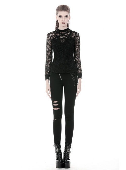 Front Chest Star-Shaped Bandage Lace Mesh Long Sleeve Black Punk Tight T-Shirt
