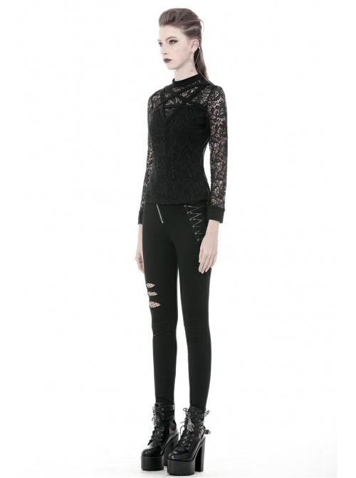 Front Chest Star-Shaped Bandage Lace Mesh Long Sleeve Black Punk Tight T-Shirt