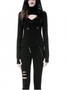 High Collar Front Chest Hollow-Out Hasp Frill Long Sleeve Black Punk Tight Hooded T-Shirt