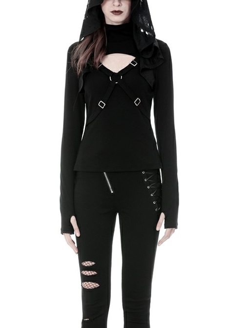 High Collar Front Chest Hollow-Out Hasp Frill Long Sleeve Black Punk Tight Hooded T-Shirt