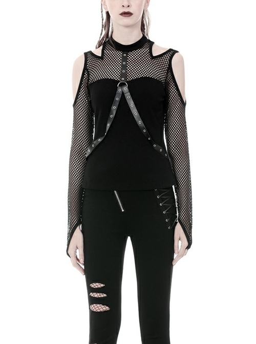 Off-Shoulder Mesh Long Sleeve Front Chest Metal Eyelets Strap Black Punk Tight T-Shirt