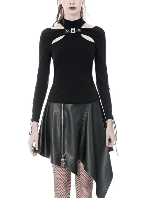 High Collar Front Chest Hollow-Out Metal Hasp Slit Lace-Up Long Sleeve Black Punk Tight T-Shirt