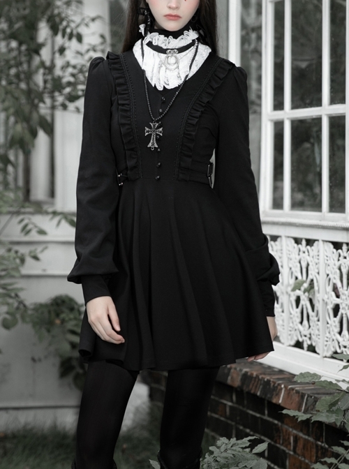 Gothic Black Female Long Sleeve Lotus Leaf Hem Pleated Dress