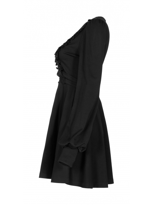 Gothic Black Female Long Sleeve Lotus Leaf Hem Pleated Dress