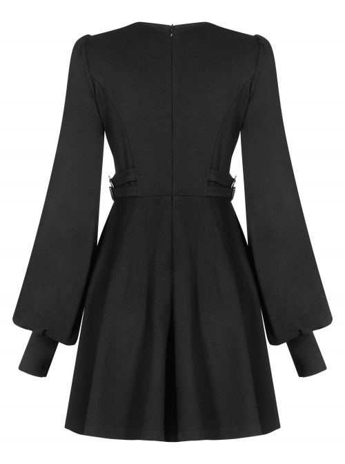 Gothic Black Female Long Sleeve Lotus Leaf Hem Pleated Dress