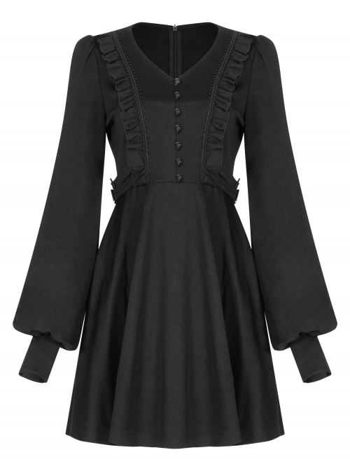 Gothic Black Female Long Sleeve Lotus Leaf Hem Pleated Dress