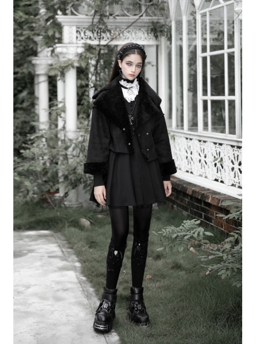 Gothic Black Female Long Sleeve Lotus Leaf Hem Pleated Dress