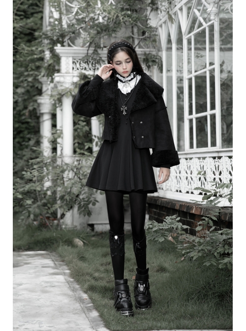 Gothic Black Female Long Sleeve Lotus Leaf Hem Pleated Dress