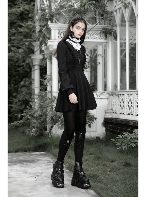 Gothic Black Female Long Sleeve Lotus Leaf Hem Pleated Dress