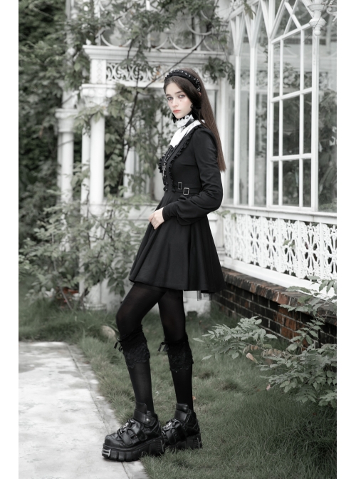 Gothic Black Female Long Sleeve Lotus Leaf Hem Pleated Dress