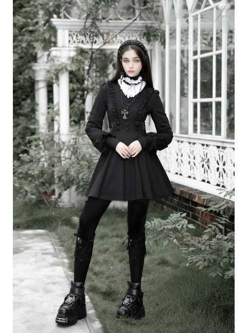 Gothic Black Female Long Sleeve Lotus Leaf Hem Pleated Dress