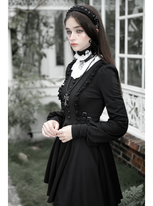 Gothic Black Female Long Sleeve Lotus Leaf Hem Pleated Dress