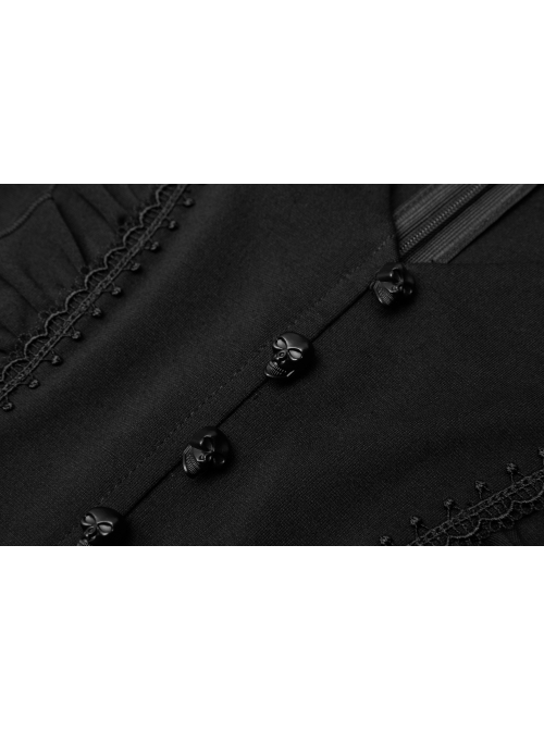 Gothic Black Female Long Sleeve Lotus Leaf Hem Pleated Dress