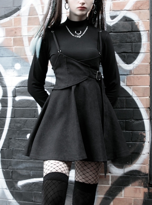 Steam Punk Female Casual Dark Strap Buckle High Waist Dress