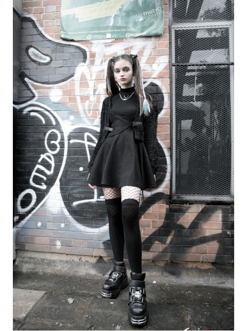 Steam Punk Female Casual Dark Strap Buckle High Waist Dress
