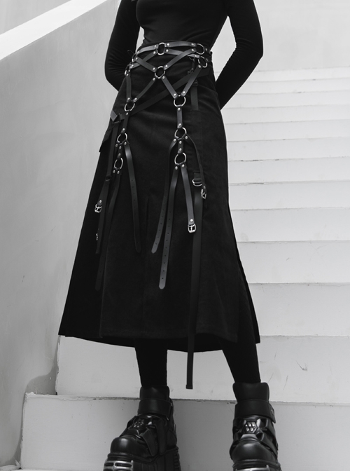 Steam Punk Female Casual Black Binding Split Long Skirt