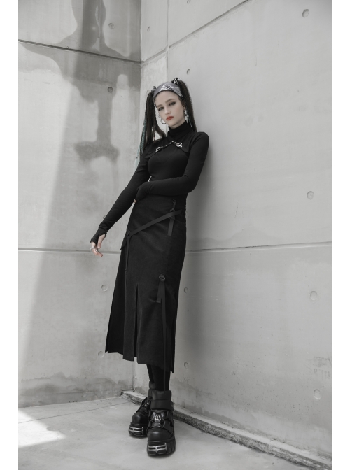 Steam Punk Female Casual Black Binding Split Long Skirt