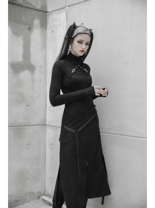 Steam Punk Female Casual Black Binding Split Long Skirt