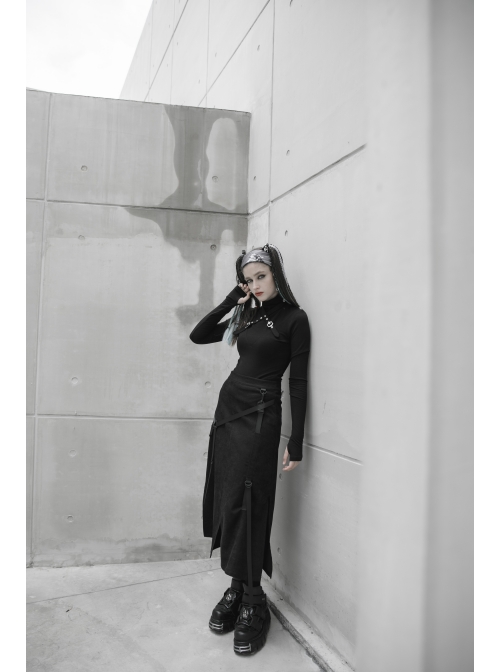 Steam Punk Female Casual Black Binding Split Long Skirt
