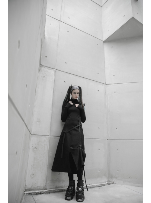 Steam Punk Female Casual Black Binding Split Long Skirt