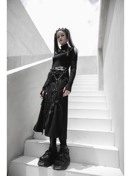 Steam Punk Female Casual Black Binding Split Long Skirt