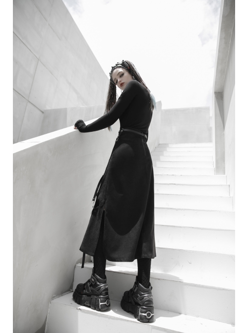 Steam Punk Female Casual Black Binding Split Long Skirt