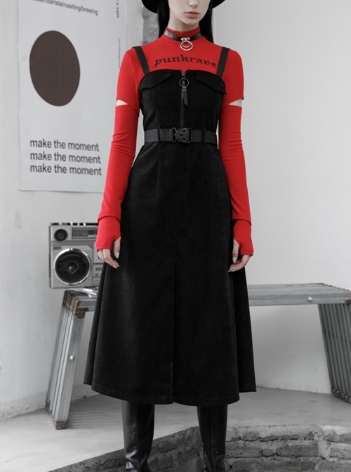 Steam Punk Female Black Belted Zipper Strap Long Dress