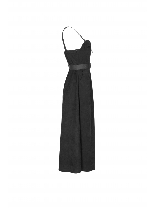 Steam Punk Female Black Belted Zipper Strap Long Dress