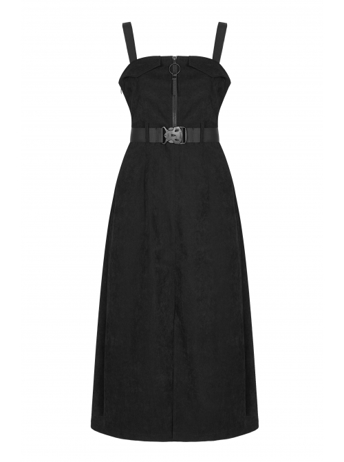 Steam Punk Female Black Belted Zipper Strap Long Dress