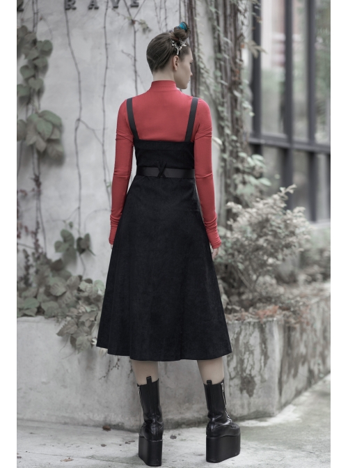 Steam Punk Female Black Belted Zipper Strap Long Dress