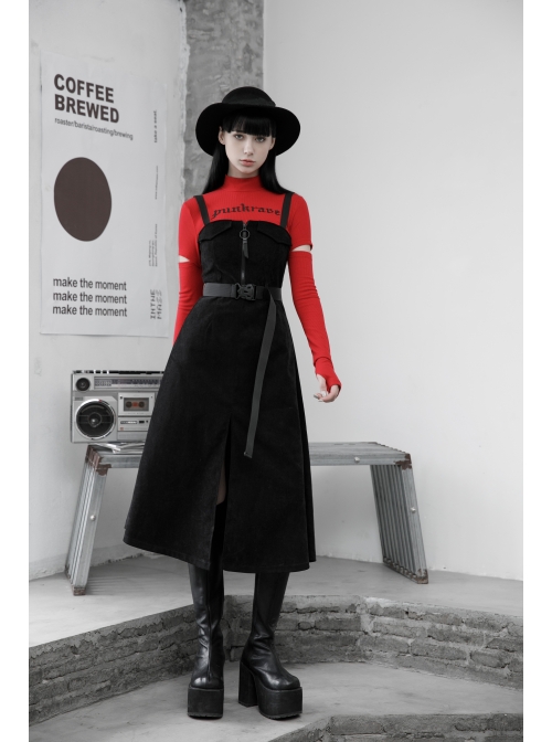 Steam Punk Female Black Belted Zipper Strap Long Dress