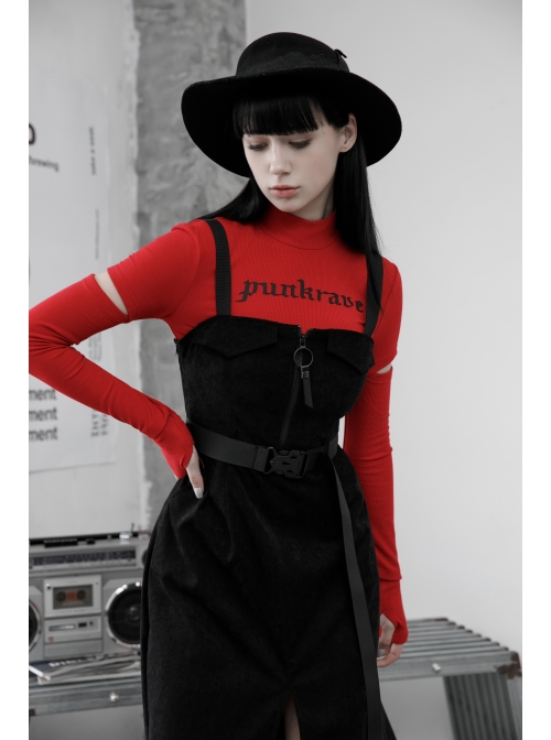 Steam Punk Female Black Belted Zipper Strap Long Dress