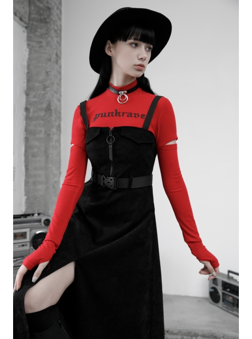 Steam Punk Female Black Belted Zipper Strap Long Dress