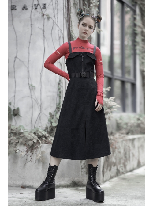 Steam Punk Female Black Belted Zipper Strap Long Dress