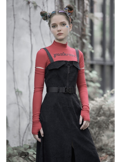 Steam Punk Female Black Belted Zipper Strap Long Dress