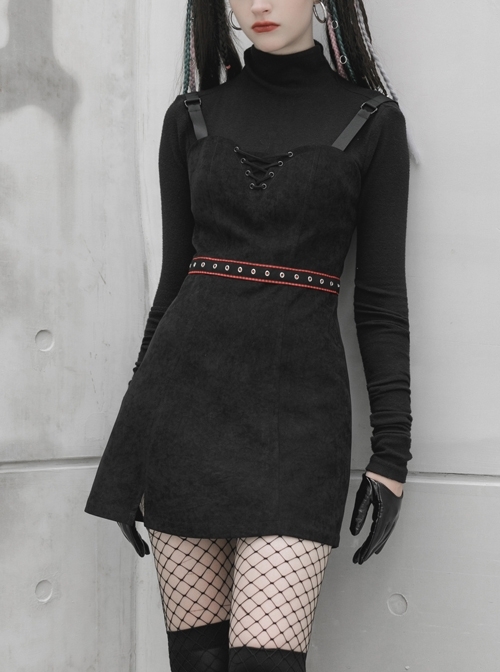 Steam Punk Female Black Strap Belted  Binding High Waist Dress