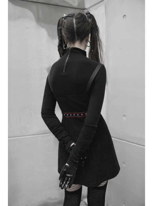 Steam Punk Female Black Strap Belted  Binding High Waist Dress