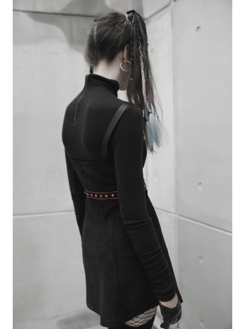 Steam Punk Female Black Strap Belted  Binding High Waist Dress