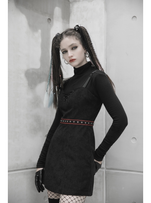 Steam Punk Female Black Strap Belted  Binding High Waist Dress
