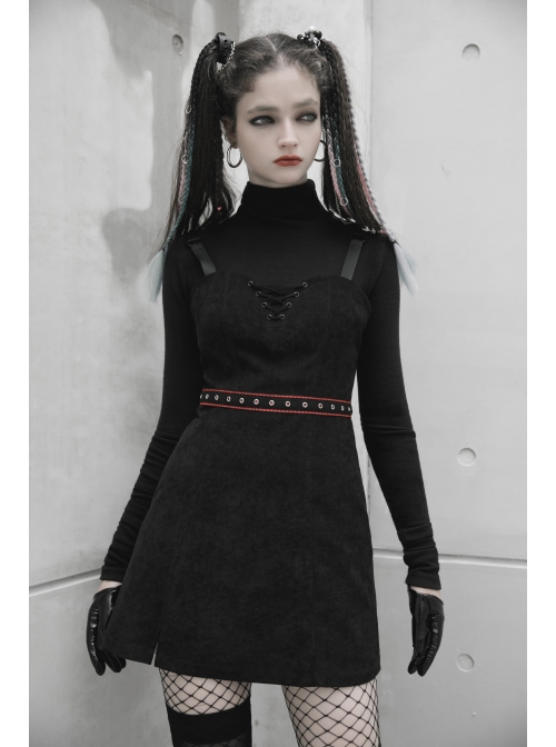 Steam Punk Female Black Strap Belted  Binding High Waist Dress