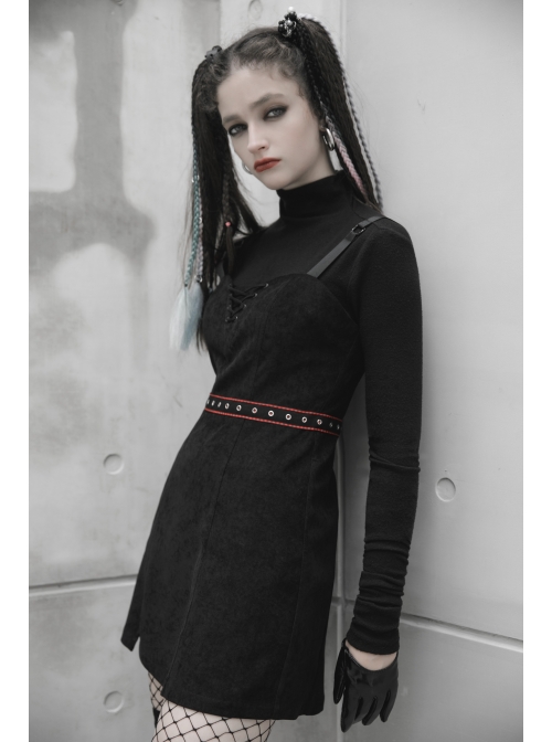 Steam Punk Female Black Strap Belted  Binding High Waist Dress