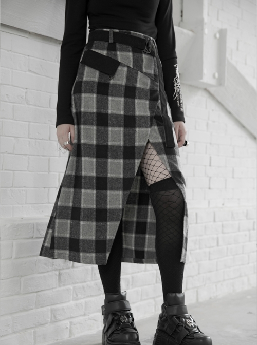 Steam Punk Female Black Grey Lattice Split Plaid Long Skirt