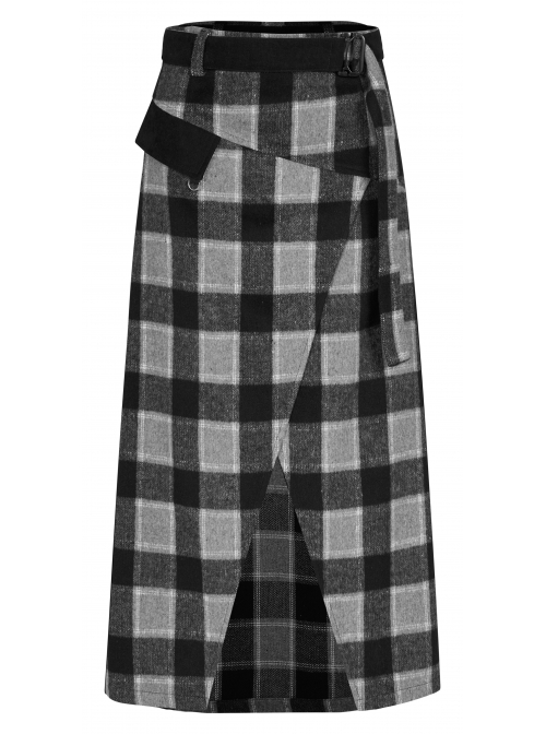 Steam Punk Female Black Grey Lattice Split Plaid Long Skirt