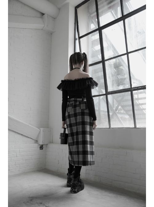 Steam Punk Female Black Grey Lattice Split Plaid Long Skirt